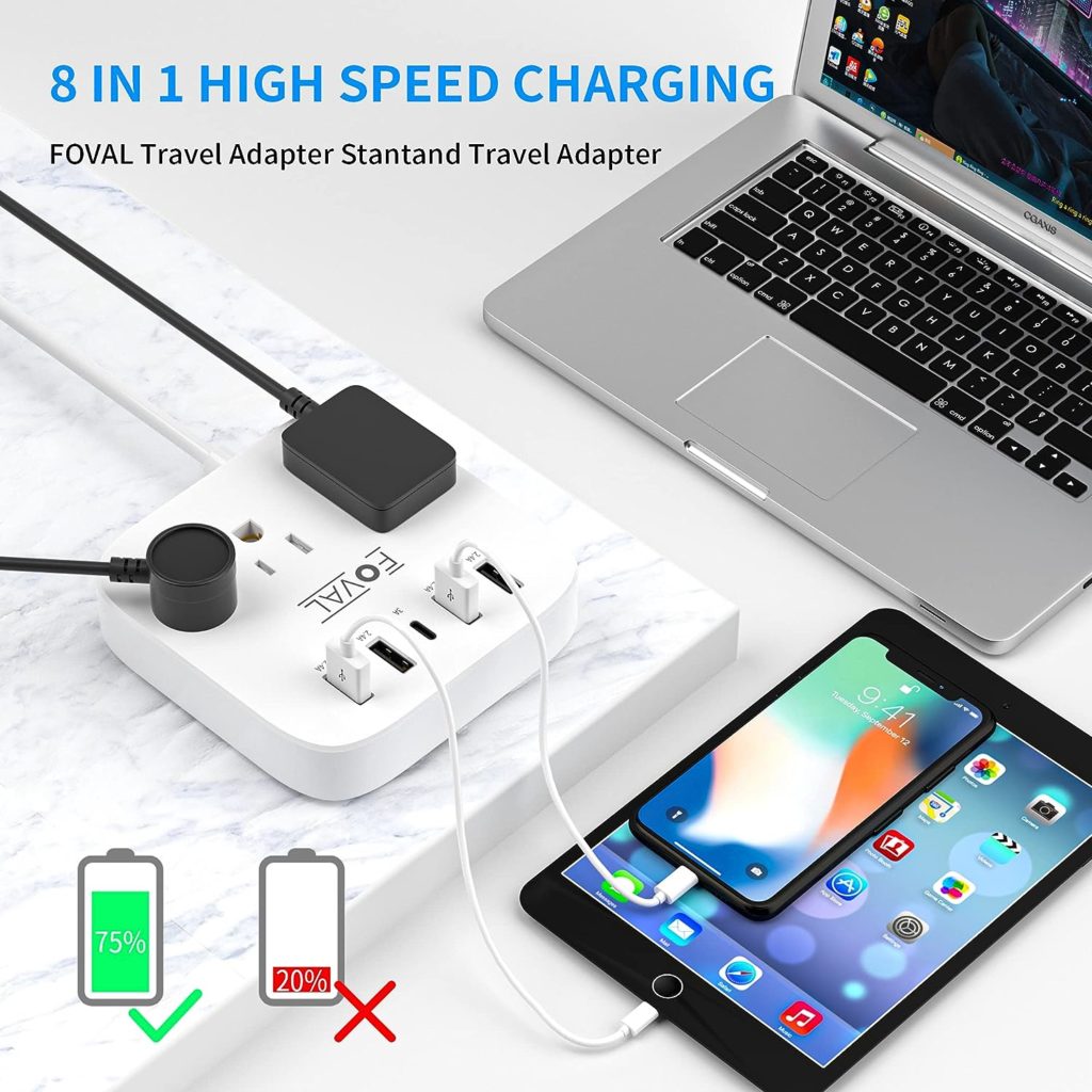 European Travel Plug Adapter, FOVAL EU UK US Power Strip with USB C and 4 USB Ports, 3 AC Outlets, Wall Mountable, 5ft Extension Cord, Compact for Travel, Cruise Ship, Home Office