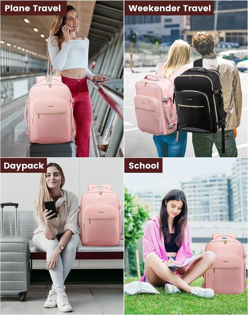 LOVEVOOK Travel Backpack Women, Carry On Backpack as Personal Item Flight Approved, TSA 17.3inch Laptop Backpack with 3 Packing Cubes College Casual Daypack for Weekender Overnight Hiking, Pink