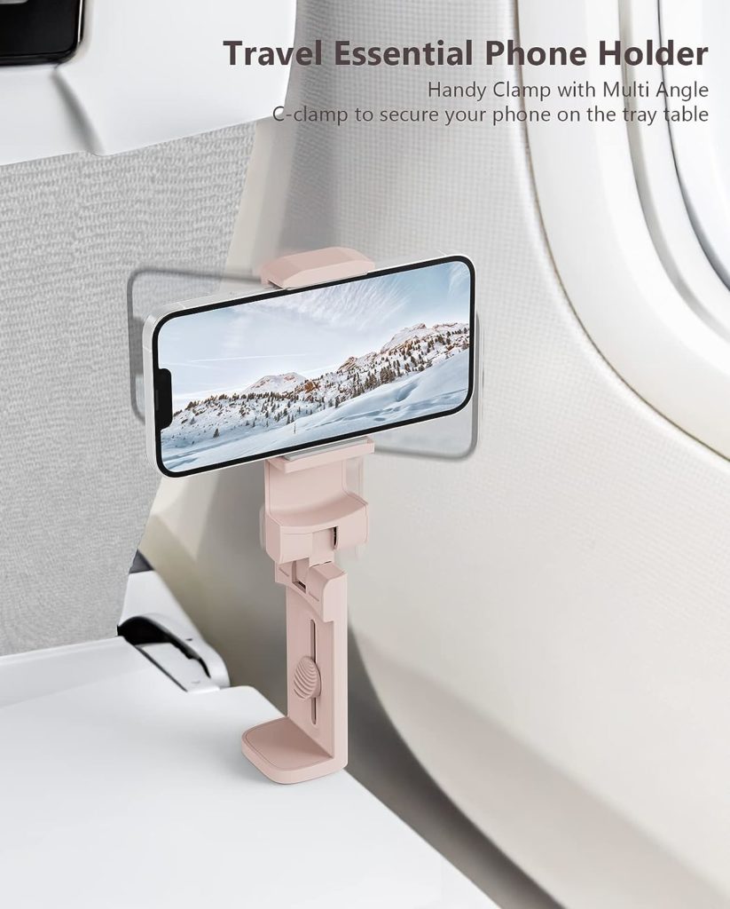 MiiKARE Airplane Travel Essentials Phone Holder, Universal Handsfree Phone Mount for Flying with 360 Degree Rotation, Travel Accessory for Airplane, Travel Must Haves Phone Stand for Desk, Table-Pink