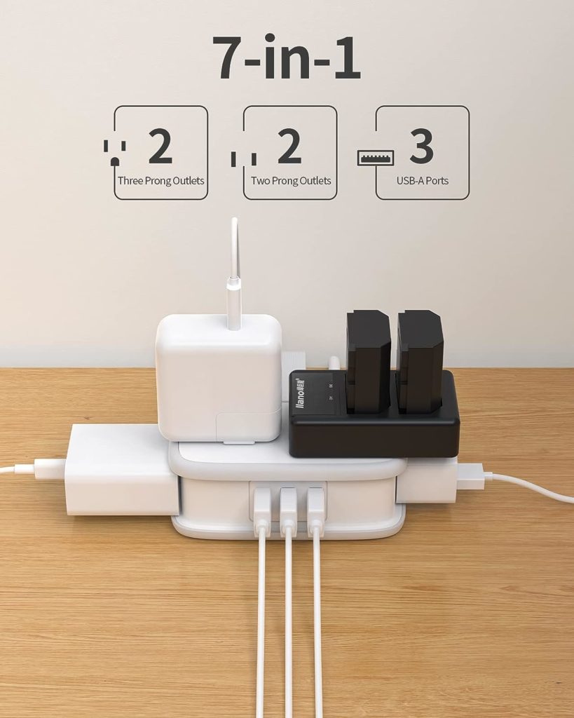Travel Power Strip with USB Ports, NTONPOWER 4 Outlets 3 USB with 4FT Wrapped Short Extension Cord Flat Plug, USB Portable Desktop Charging Station, Compact for Hotel Travel Cruise Essentials, White