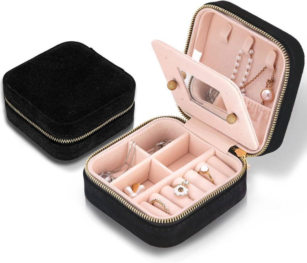 Travel Velvet Jewelry Box with Mirror, Mini Gifts Case for Women Girls, Small Portable Organizer Boxes for Rings Earrings Necklaces Bracelets (Black)